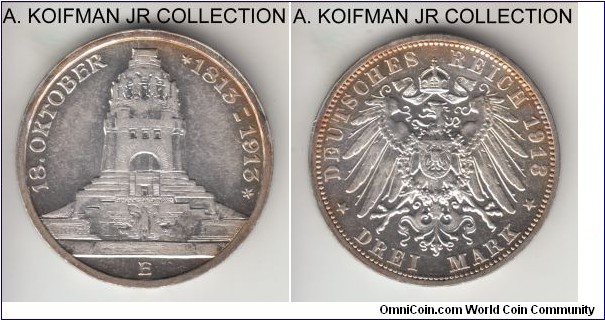 KM-1275, 1913 German States Saxony 3 marks, Muldenhutten (E) mint mark; silver, lettered edge; Friedrich AugusT III, Battle of Leipzig Centennial circulation commemorative, a bit of obverse chatter in the fields and uneven toning, but overall coin looks good extra fine to about uncirculated.