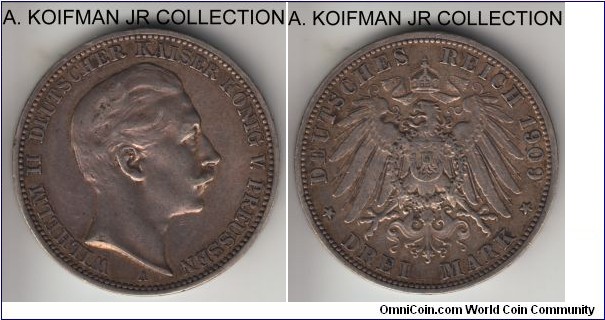 KM-527, 1909 German States Prussia 3 marks, Berlin mint (A mint mark); silver, lettered edge; Wilhelm II, common coin, decent circulated grade good very fine or so.