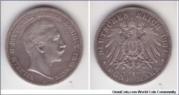 KM-523, 1904 Prussia 5 marks, Berlin (A) mint; average circulated about very fine to very fine.