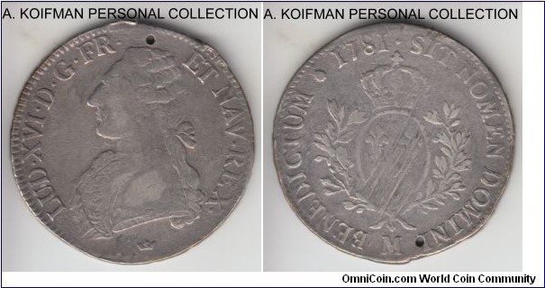 KM-564.10, 1781 France ecu, Toulouse mint (M and crown mint marks); silver, lettered edge; Louis XVI, ex-mount/jewelry, holed and adjustment marks; not the best looking but my first large French coin.