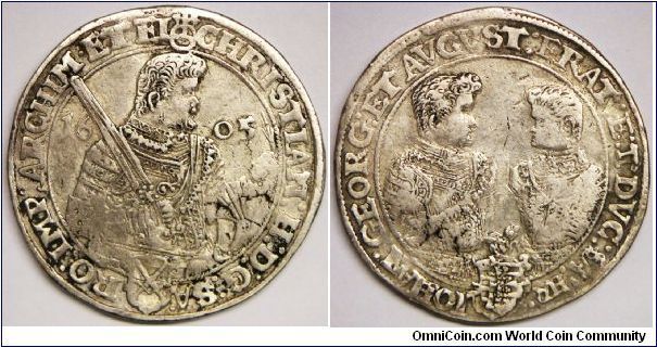 German States - Saxony, Christian II, Johann Georg I and August, jointly 1591 - 1611, Thaler, 1605 HR. 28.9000 g, Silver, 38mm. Obverse: Bust right with sword and helmet divide date. Reverse: Busts facing one another. Very fine.
