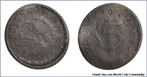 GERMANY (THIRD REICH)~5 Reichspfennig 1941.   ERROR- Brockage glitch.  Plus coin also appears to have been struck multiple times.