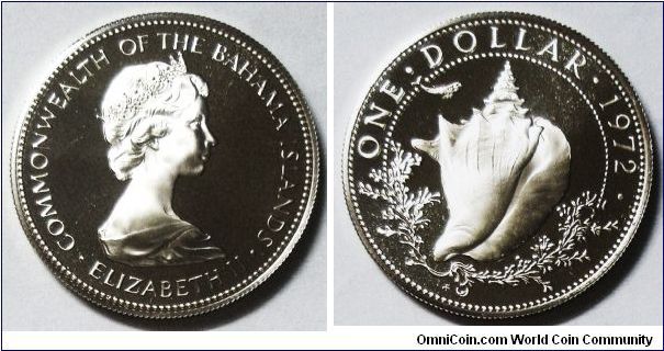Commonwealth of the Bahama Islands, Queen Elizabeth II, One Dollar, 1972. Silver. PROOF.