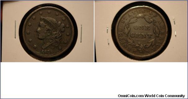 1838 Large Cent, VF, Corrosion.
$30