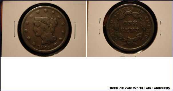 1843 Large Cent, VG.
$25
