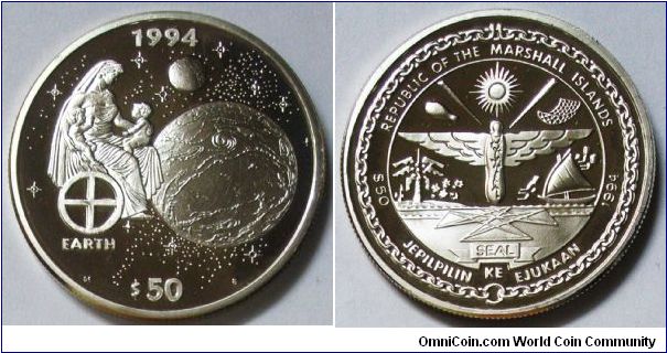 Republic of Marshall Islands, 50 Dollars, 1994. Subject: Earth. Silver. PROOF.