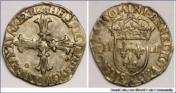 Henry IV (1589 - 1610), 1/4 ECU, 1603. 9.5610 g, 0.9170 Silver, .2819 Oz. ASW., 28mm. Mint: Aix. VF or better. [SOLD]