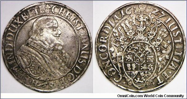 German States - Brunswick-Luneburg-Celle, Christian (1611 - 1633), Thaler, 1627 H-S. 29.0800 g, Silver, 42mm. Obverse: Bust right. Reverse: Arms surmounted by five plumed helmets. Reverse weak struck. Extremely fine.