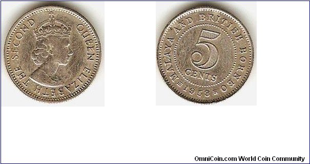Malaya and British Borneo
5 cents
copper-nickel
Elizabeth II
