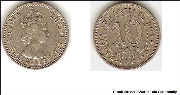 Malaya and British Borneo
10 cents
copper-nickel
Elizabeth II