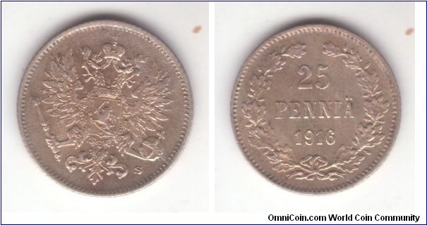 KM-6.2, Finland (Grand Duchy) 25 pennia; small silver coin in average uncirculated, lightly toned.