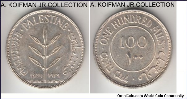 KM-7, 1939 Palestine 100 mils; silver, reeeded edge; British Mandate, George VI period, good extra fine, lots of luster.