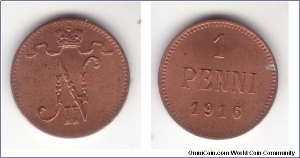 Another 1916 Finland penni, this one is red with unusual streak of silvered spot on reverse