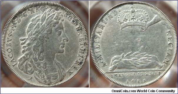 1685, England. OFFICIAL CORONATION MEDAL OF JAMES II. By John Roettiers. Silver 35mm. Obv: Laureate bust of James II, right. Leg: IACOBVS . II . D. G. ANG . SCO . FR . ET . HIB. REX. James II by the grace of God king of England, Scotland, France and Ireland). Rev: A hand holding a crown above a wreath on a cushion. Leg: A . MILITATI . AD . REGIAM.=From the military to the royal crown. Exergue: INAVGVRAT . 23. AP . 1685. Mintage of 800. Rev. Scratched in field