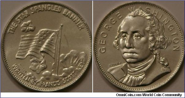 Star Spangled Banner & George Washington, two coins from Shell's Famous Facts and Faces Game.