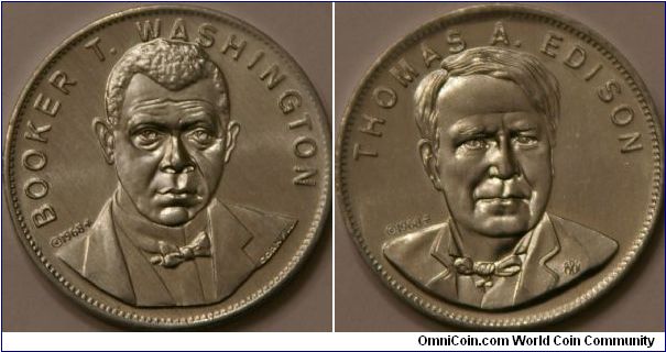 Booker T Washington & Thomas Edison, two coins from Shell's Famous Facts and Faces Game.