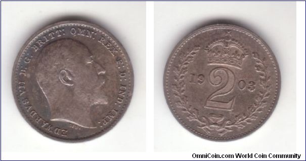 KM-796, 1903 Great Britain maundy 2 pence; silver plain edge proofline substantially toned but nice; uncirculated but has a small spot on obverse under bust trancation and a scratch under the 03 in the date; also it looks like the 3 on the date may have been re-cut.