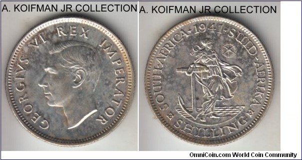 KM-28, 1941 South Africa shilling; silver, reeded edge; George VI,  extra fine condition but it may have been lightly cleaned in the past and re-toned, slightly spotty toning but nice as seen.