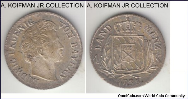 KM-746 (prev. KM-390), 1835 German States Bavaria kreuzer; silver, plain edge; Ludwig I, a bit crudely struck arond the edges but uncirculated with proof like obverse surfaces that the scan does not capture.