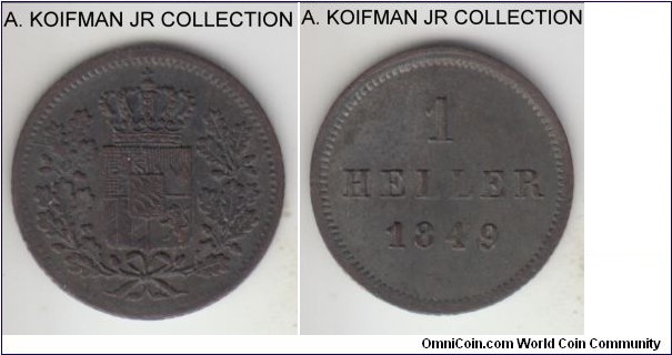 KM-796.2, (prev. 419) 1849 German State Bavaria (Bayern) heller; copper, reeded edge; Maximilian II, brown uncirculated or almost, reverse is struck weakly in the center.