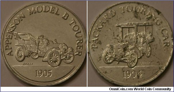1905 Apperson & 1904 Packard, from the Sunoco Antique Car Coin Series.