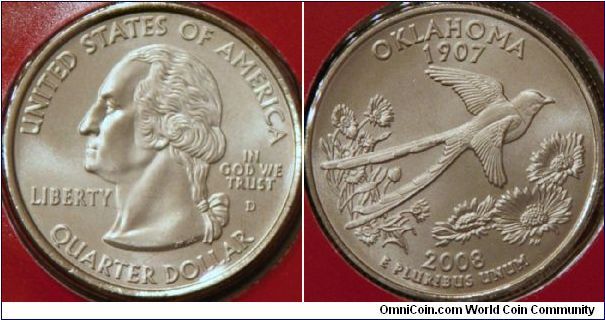 Oklahoma 46th State. Depicting a Scissortail Flycatcher flying over the Indian Blanket State wildflower. first release in the final year for the 50 state quarter program. 24.3mm, Cu-Ni (ref. http://www.usmint.gov)