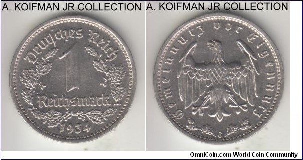 KM-78, 1934 Germany (Weimar Republic) reichsmark, Karlsruhe mint (G mint mark); nickel, incused ornamented edge; extra fine or better, hard to judge with nickel.