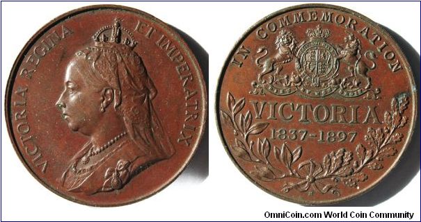 Queen Victoria Jubilee Medal.
VICTORIA REGINA ET IMPERATRIX. Rev: IN COMMEMORATION VICTORIA 1837-1897. H. (for Heaton)  40mm Bronze.