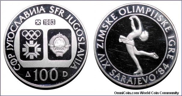 YUGOSLAVIA (SOCIALIST FEDERAL REPUBLIC)~100 Dinara 1983. Silver proof: XIV Olympiad~Sarajevo 1984-Figure Skater.