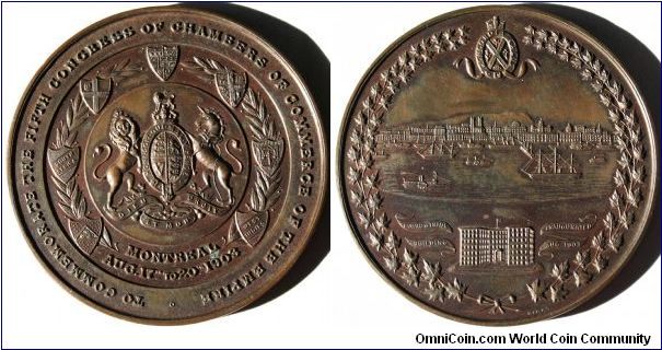 TO COMMEMORATE THE 5th CONGRESS OF CHAMBERS OF COMMERCE OF THE EMPIRE. MONTREAL AUG.17th to 20th 1903
Rev: BOARD of TRADE BUILDING INAUGURATED AUG. 1903. BIRKS. Bronze 57mm. This medal commemorates the 5th (1903) held in Montreal, Canada. A first for the Empire & Canada, as the first 4 were all held in London.