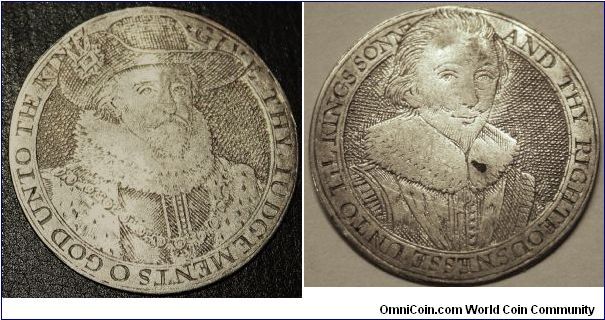 Circa 1620 silver gaming token, 25mm.  James I and Prince Charles. These were issued in silver tubes for use in gambling, with various designs, including foreign rulers. The Niello-work images look engraved but there is debate about the actual method of manufacture. Listed in Medallic Illustrations, page 376, #272 (variety II).