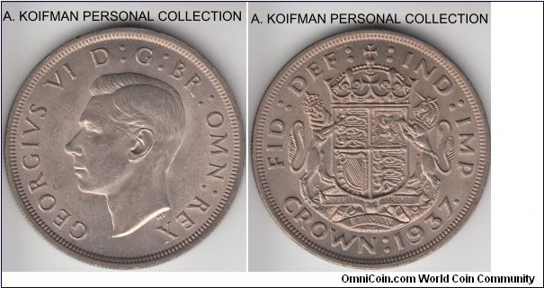 KM-857, 1937 Great Britain crown; silver, reeded edge; high grade, smooth uncirculated? matte toned.