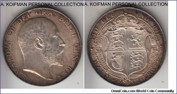 KM-802, 1902 Great Britain 1/2 crown; silver, reeded edge; Edward VII coronation year, nice uncirculated.