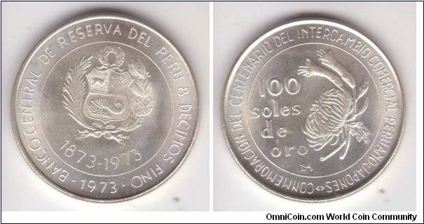 KM-261, 1973 Peru 100 soles de oro; brilliant uncirculated commemorative of the centenniaul of the Peru-Japan trade relations.