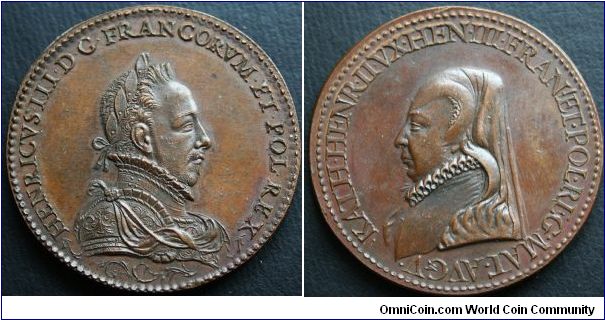Henri III of France, King of Poland & Catherine de Medici (his mother). Circa 1575.  Bronze 43mm no edge marks. Henri III was the  last of the Valois kings. Henri III of Navarre succeeded him as Henri IV, the first of the Bourbon kings.