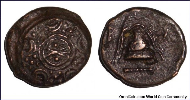 MACEDONIAN EMPIRE~311-294 BC. Obverse: Macedonian shield w/ thunderbolt in the center. Reverse: Helmet.
