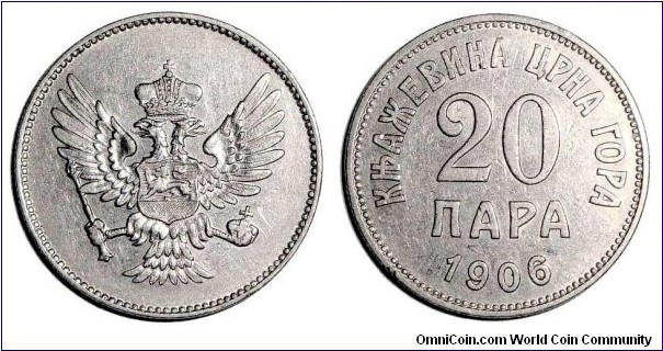 MONTENEGRO (PRINCIPALITY)~20 Para 1906.