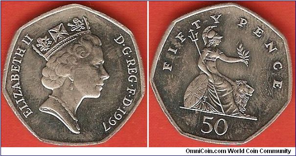 50 pence
Brittannia
effigy of Elisabeth II by Raphael Makhlouf
small flan
copper-nickel