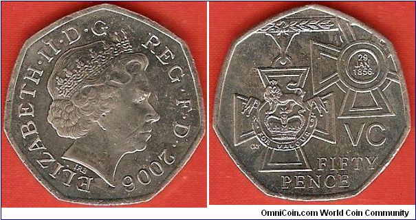 50 pence
150th anniversary of Victoria Cross
effigy of Elisabeth II by Ian Rank-Broadley
small flan
copper-nickel