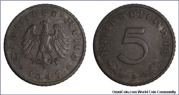 GERMANY (ALLIED OCCUPATION)~5 Reichspfennig 1947 D. Mint: Munich.
