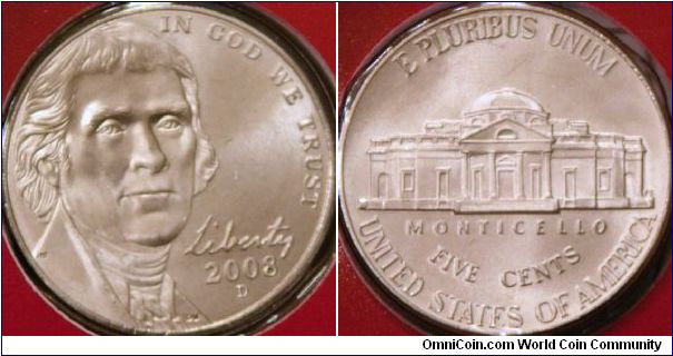 current nickel (5 cents).  Changed to this image of Jefferson in 2006. 21.2 mm, Cu-N