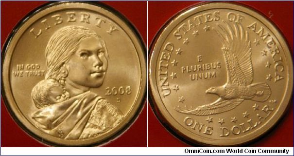 Sacagawea dollar.  still producing these even though they are producing the Presidential dollars at the same time.  Manganese-Brass (Cu, Zn, Mn, Ni), 26.5 mm