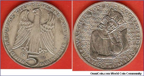 5 mark
Walther von der Vogelweide ca.1170-ca.1230
copper-nickel