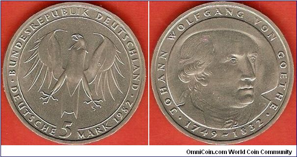 5 mark
Johann Wolfgang von Goethe 1749-1832
copper-nickel