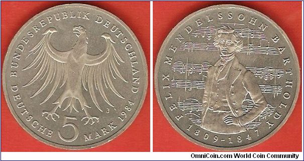 5 mark
Felix Mendelsohn Bartholdy 1809-1847
copper-nickel