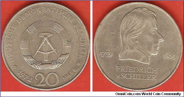 German Democratic Republic (East Germany)
20 mark
friedrich von Schiller 1759-1805
copper-nickel
