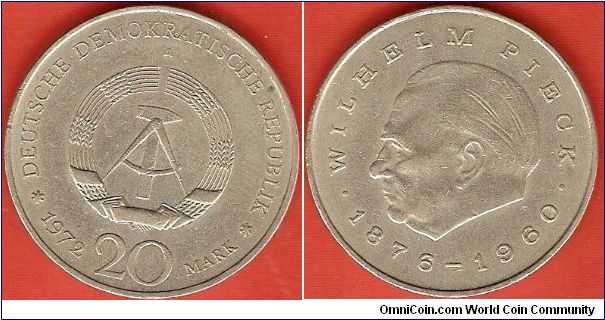 German Democratic Republic (East Germany)
20 mark
Wilhelm Pieck 1876-1960
copper-nickel