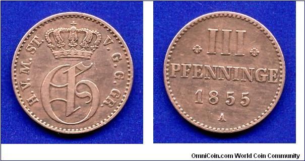 3 pfenninge.
Meklenburg-Strelitz.
George (1816-1860).
(A) mintmark.


Cu.