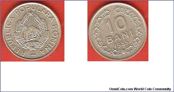 Peoples Republic
10 bani
with star at top of arms
legend ROMINA
copper-nickel