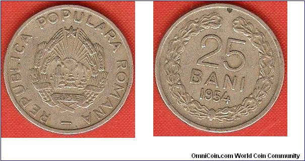 Peoples Republic
25 bani
with star at top of arms
legends: ROMANA
copper-nickel